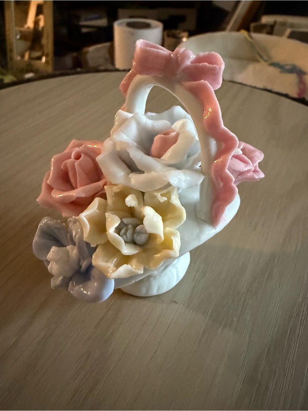 Porcelain Flower Basket Figurine in Pastel Pink, Yellow, White, and Lavender